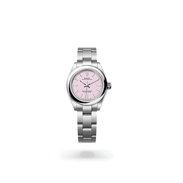 Rolex OysterPerpetual28 Silver watch with a pink face on a white background