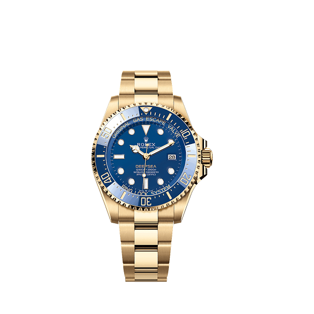 Rolex OysterPerpetualDeepsea Gold watch with blue dial on a white background