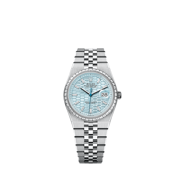 Rolex OysterPerpetualExplorer36 Silver watch with a light blue face on a white background