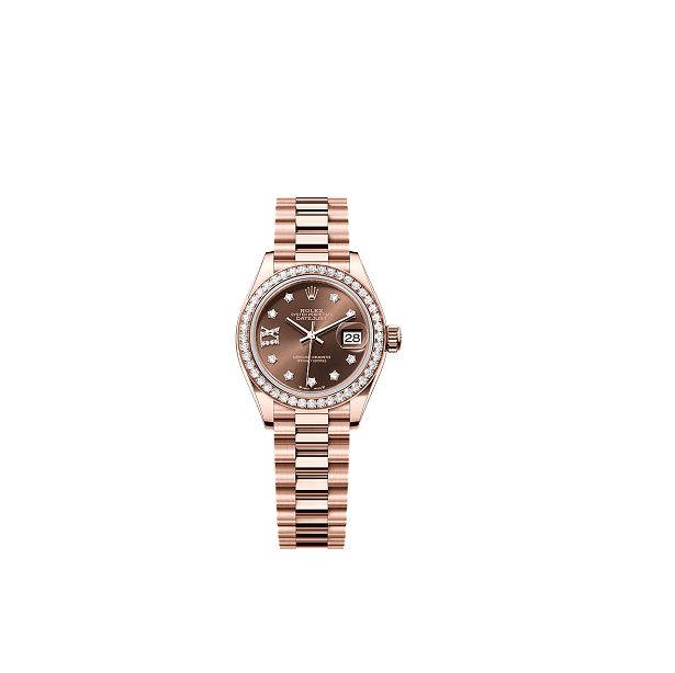 RolexOysterPerpetualLady-Datejust28 Rose gold watch with a brown dial on a white background