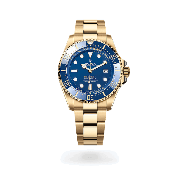 RolexOysterPerpetualSea-Dweller Gold watch with blue dial on a white background