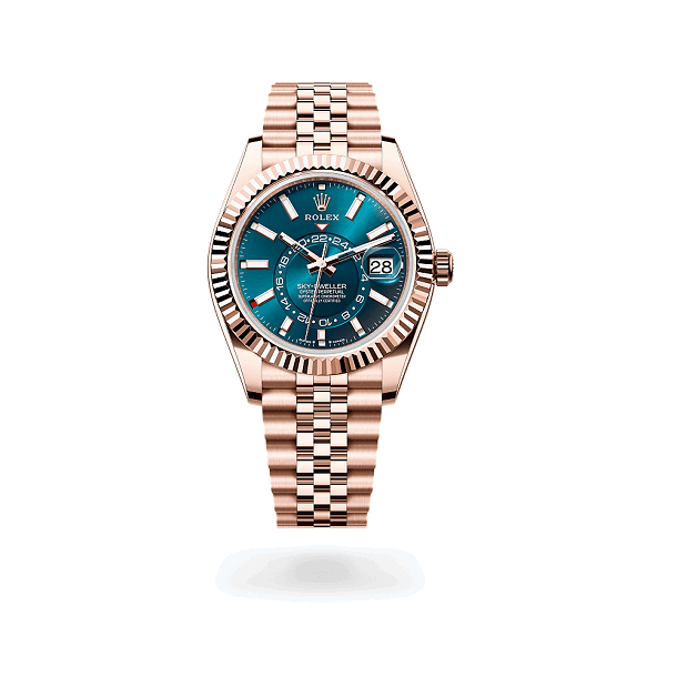 RolexOysterPerpetualSky-Dweller Rose gold watch with blue dial on a white background
