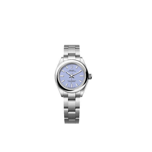 Rolex OysterPerpetual 28 Silver watch with a light blue face on a white background
