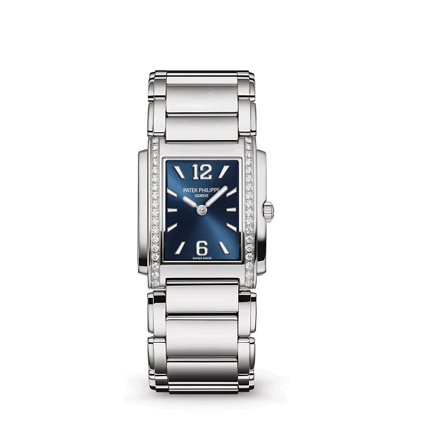 Silver watch with a blue face on a white background