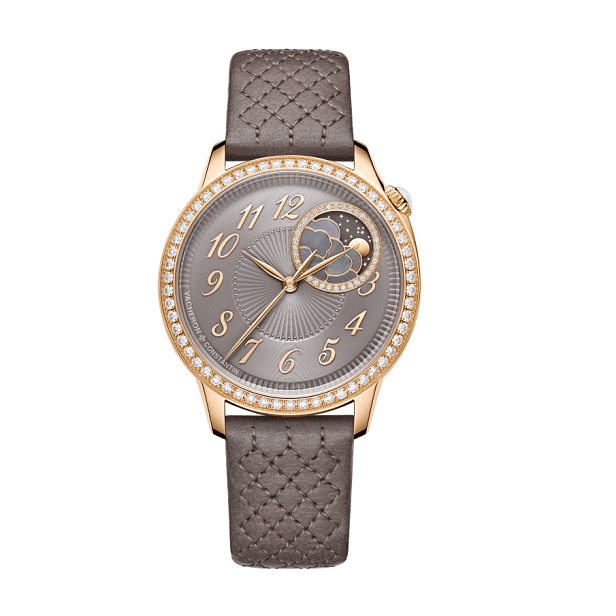 Vacheron Constantin-Egerie Watch with gray strap and rose gold case on a white background