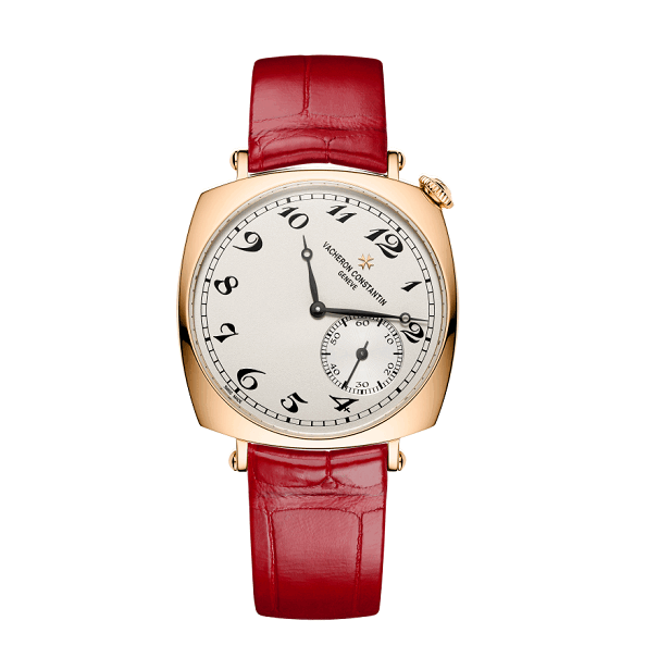 Vacheron Constantin Watch with red strap and gold case on a white background