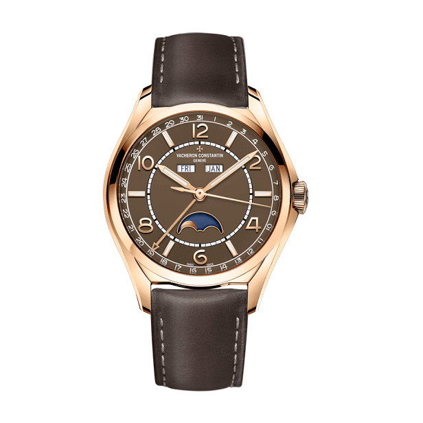 Vacheron Constantin Watch with brown leather strap and rose gold case on white background