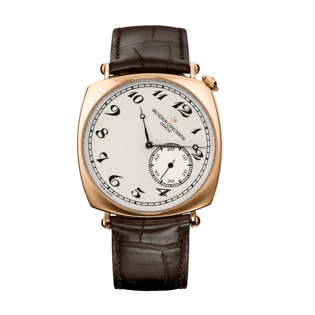 Vacheron Constantin  Wristwatch with brown leather strap and rose gold case on white background