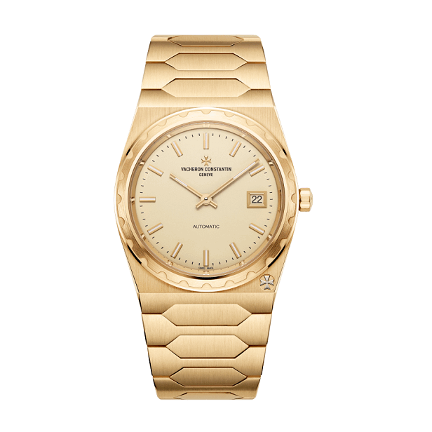 Vacheron Constantin Historiques Gold wristwatch with a detailed face on a white background