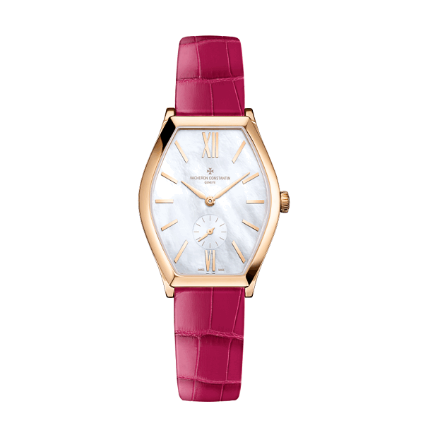 Vacheron Constantin Malte Watch with pink strap and gold casing on a white background