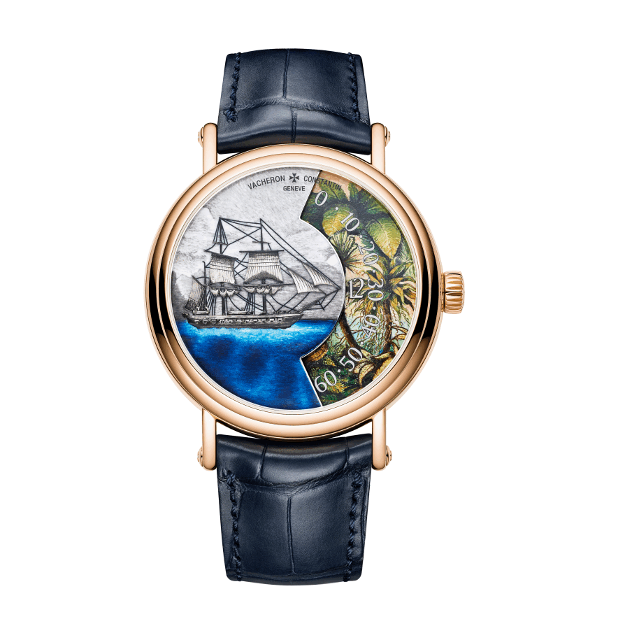 Vacheron Constantin Metiers_d_Art Luxury watch with detailed face and blue leather strap on white background