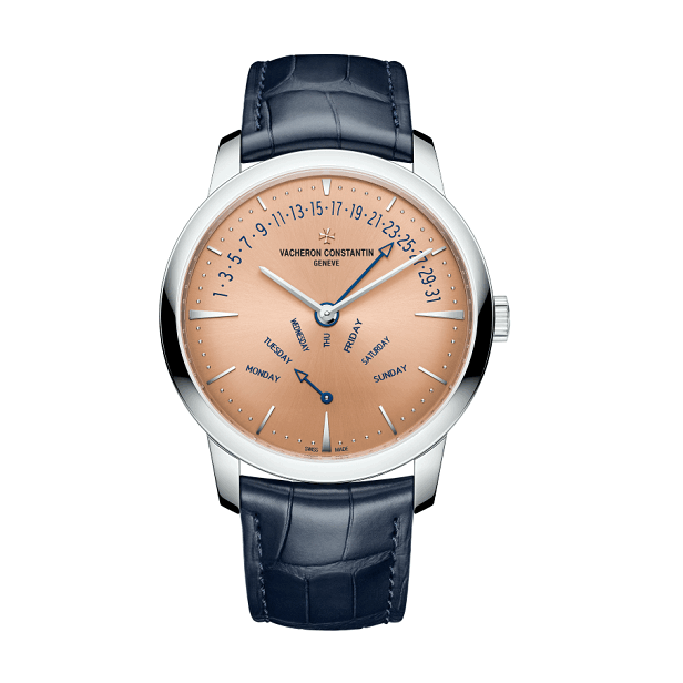 Vacheron Constantin Patrimony Luxury watch with a brown dial and blue leather strap on a white background