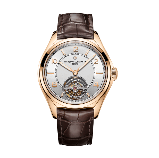 Vacheron Constantin Luxury watch with brown leather strap and rose gold case on white background