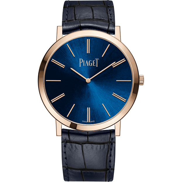 Piaget watch with blue dial and black leather strap on a white background