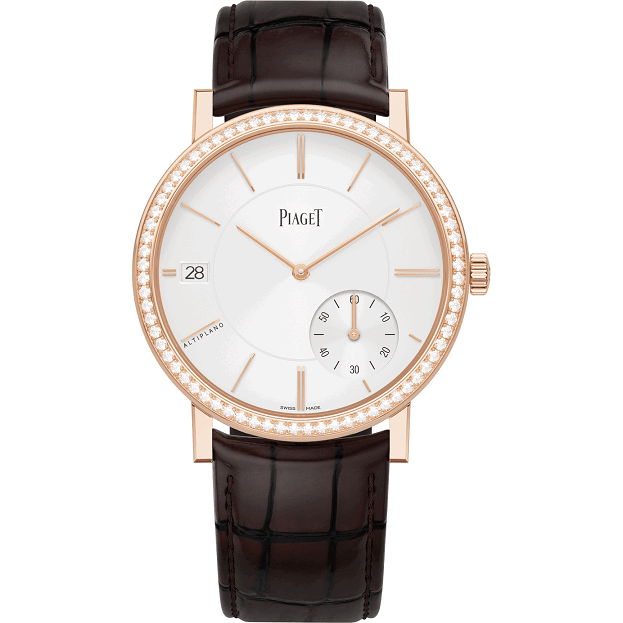 Piaget watch with brown leather strap and rose gold case on white background